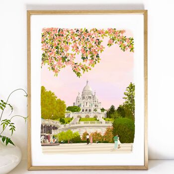 Affiche Sacré Coeur, souvenir de Paris, cerisiers en fleurs, monuments Paris, 2 tailles 2