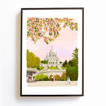 Affiche Sacré Coeur, souvenir de Paris, cerisiers en fleurs, monuments Paris, 2 tailles 3