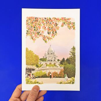 Affiche Sacré Coeur, souvenir de Paris, cerisiers en fleurs, monuments Paris, 2 tailles 5