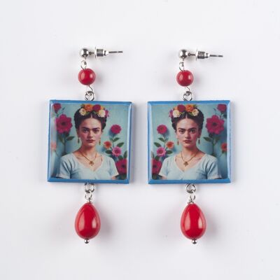 Pendientes de madera cuadrados azules Frida Kahlo con gota y perla roja