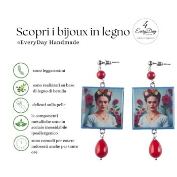 Frida Kahlo boucles d'oreilles carrées en bois bleu avec goutte et perle rouge 4