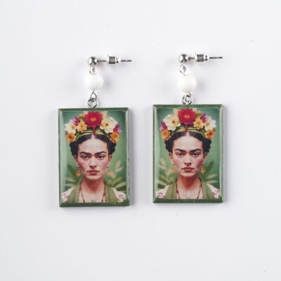 Green Frida Kahlo wooden earrings