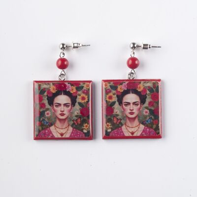 Pendientes Frida Kahlo cuadrados rojos de madera con perla roja