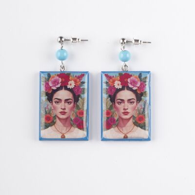Frida Kahlo blue rectangle wooden earrings