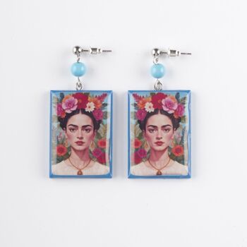 Boucles d'oreilles en bois rectangle bleu Frida Kahlo 1