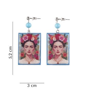 Boucles d'oreilles en bois rectangle bleu Frida Kahlo 3