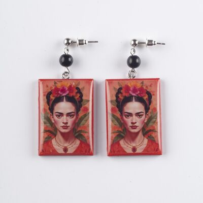 Orange rectangular Frida Kahlo wooden earrings