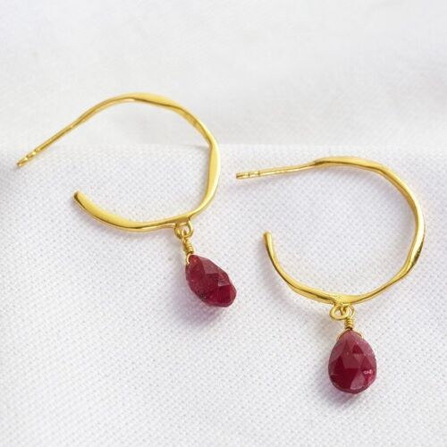 January Garnet Red Hoop Earrings 14ct Gold Plated