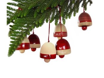 Cloches de Noël en bois rouge - Fond à rayures lumineuses