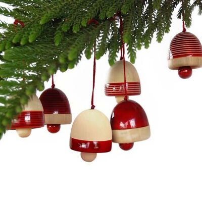 Campane di Natale in legno rosse - fondo a strisce scure