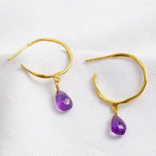 February Amethyst Purple Hoop Earrings 14ct Gold