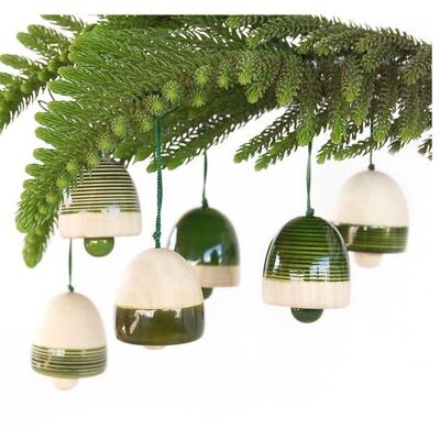 Campane di Natale in legno verde - fondo a strisce luminose