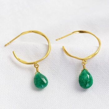 Boucles D'oreilles Créoles May Vert Émeraude Plaqué Or 14ct