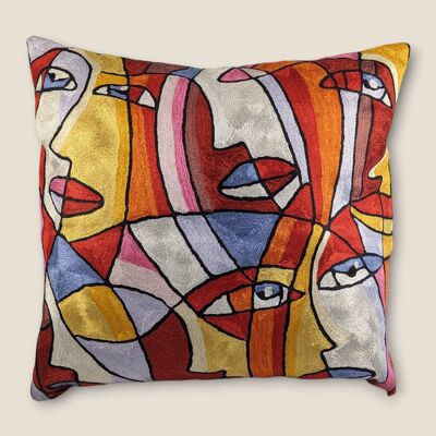 Hand Embroidered Silk Cushion Cover - Abstract Faces