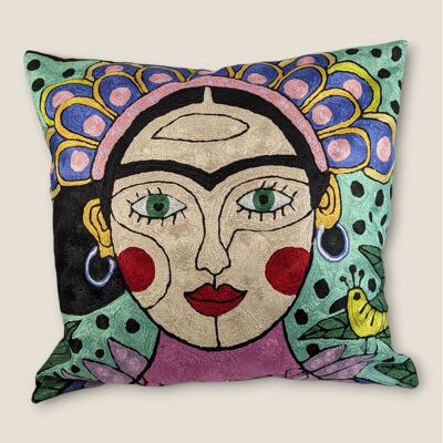 Handbestickter Kissenbezug aus Seide – Freida Kahlo