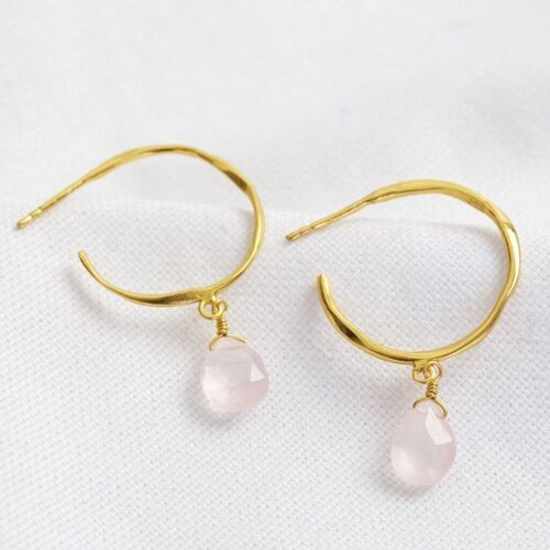 October Rose Quartz Pink Hoop Earrings in 14ct Gold Plated