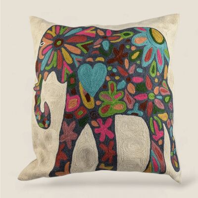 Hand Embroidered Cotton Cushion Cover - Floral Elephant