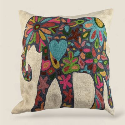 Housse de coussin en coton brodée à la main - Éléphant Floral