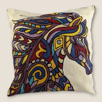 Hand Embroidered Cotton Cushion Cover - Multicoloured Horse