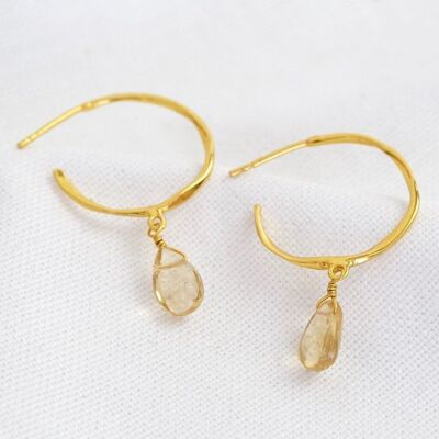 Boucles d'oreilles créoles citrine jaune novembre en plaqué or 14 carats