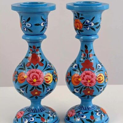 Handgefertigte Kerzenständer aus Holz - Blau