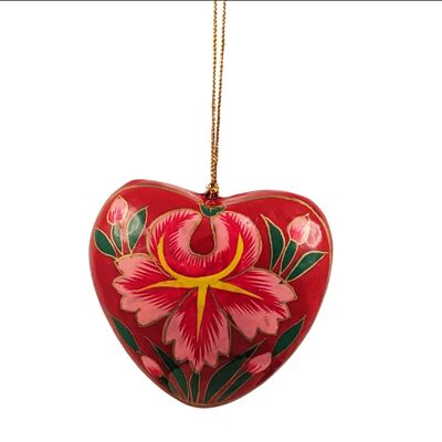 Christmas Heart-shaped Baubles - Papier Mache - Red Pink Floral
