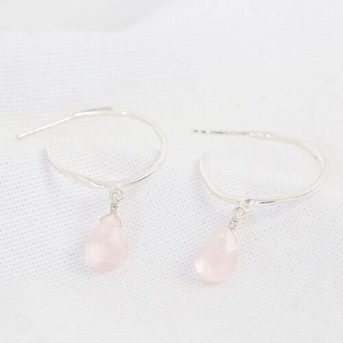 October Rose Quartz Pink Hoop Earrings in Sterling silver