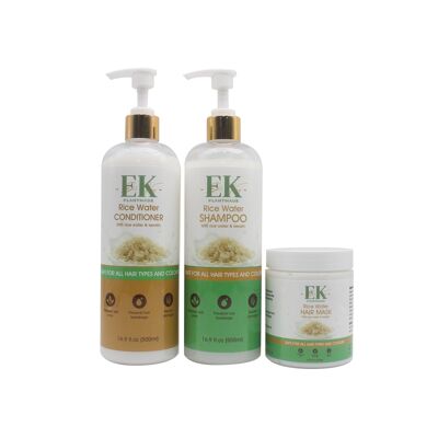 Reiswasser-Shampoo, 3-teiliges Set – Shampoo (500 ml), Spülung (500 ml) und Haarmaske (250 ml). Frei von Sulfaten und Parabenen. Fördert das Haarwachstum, wirkt gegen Kräuseln und Schuppen.