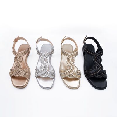 Flat sandals with braided strap stones