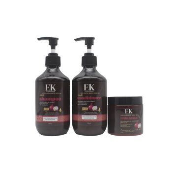 Ensemble de 3 shampooings à l'oignon rouge et à l'huile de graines noires : shampooing (350 ml), après-shampooing (350 ml) et masque capillaire (250 ml). Sans parabène ni sulfate. Pour cheveux secs, fins et sujets aux pellicules. 2