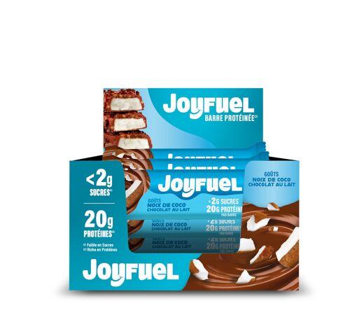 JOYFUEL Barre Protéinée - Goûts Chocolat au Lait & Noix de Coco - <2g de sucre - 20g de protéines - boite de 12 barres X 55g