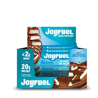 Barrita proteica JOYFUEL - Sabores chocolate con leche y coco - <2 g de azúcar - 20 g de proteína - caja de 12 barritas x 55 g