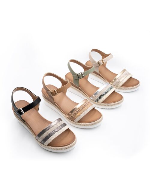 MULTI-TONE STRAP WEDGED SANDALS WITH BUCKLE