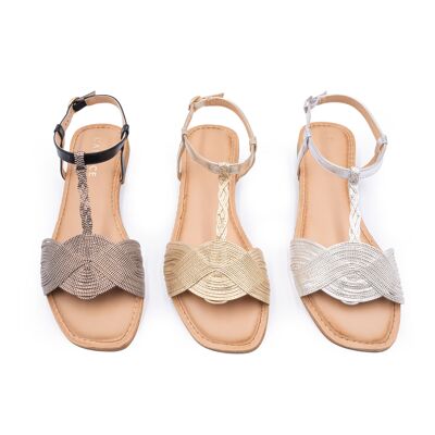 Wave embroidery T-strap flat sandals