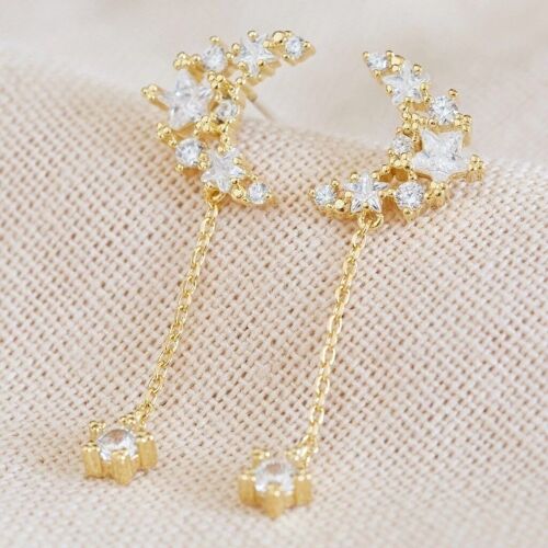 Crystal Moon and Star Charm Drop Earrings in Gold
