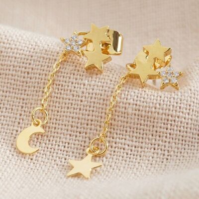 Star Cluster Stud and Chain Drop Earrings in Gold