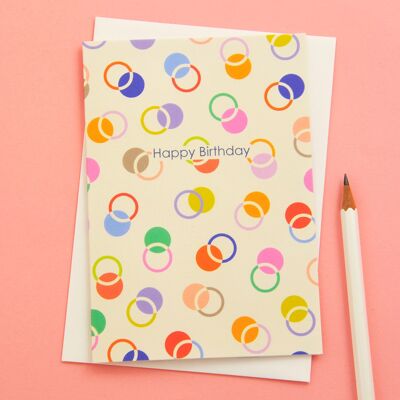 Tarjeta de saludos de feliz cumpleaños con puntos coloridos