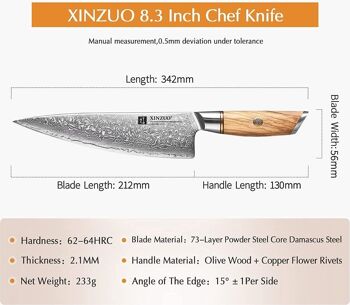 Couteau de chef Xinzuo Damas - Série B37 Lan 10
