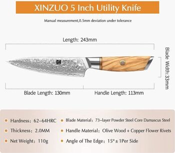 Couteau à légumes Xinzuo Damas - Série B37 Lan 10