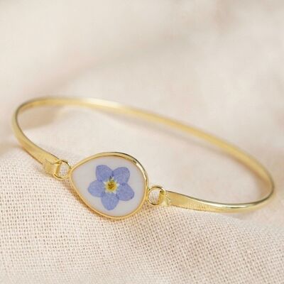 Real Pressed Forget Me Not Flower Bangle in Gold