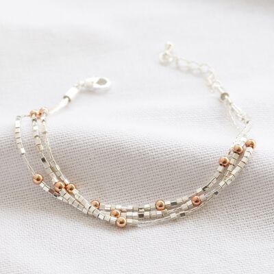 Multi Strand Beaded Chain Bracelet in silver with Rose Gold