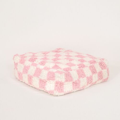 pouf en laine damier rose et blanc 60x60cm