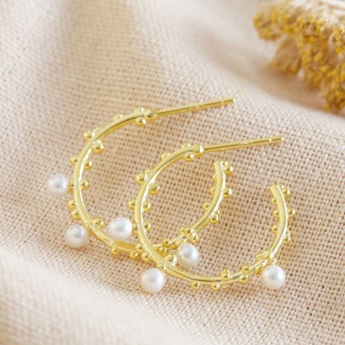 Sterling silver Pearl and Dots hoop earrings in Gold