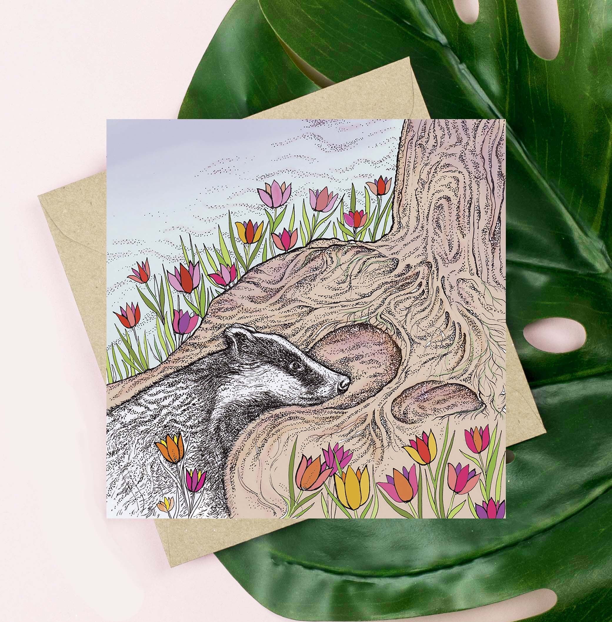 Biglietto d'auguri con tasso e tulipani