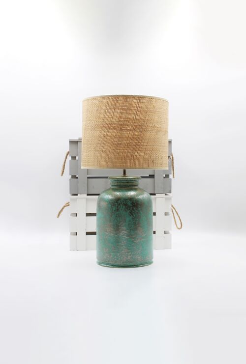 Green ceramic table lamp with metallic - silvery/antique golden flows with Rafia/rattan drum shade.