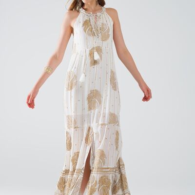 maxi abito boho in chiffon con stampa floreale dorata