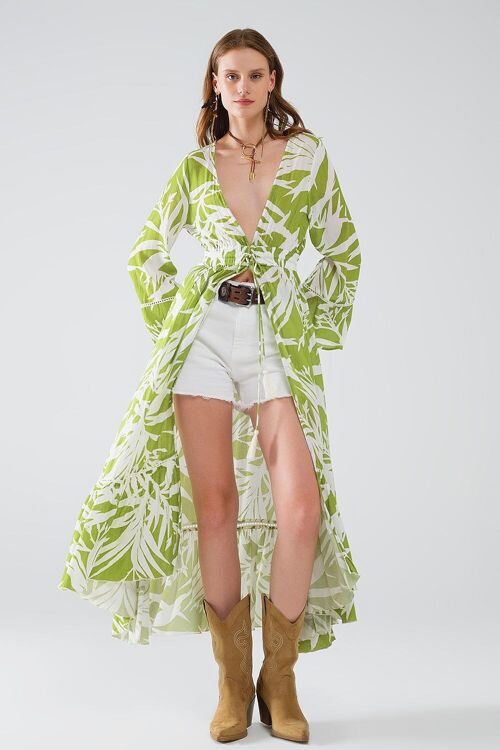 Maxi green kimono with tropical palm print