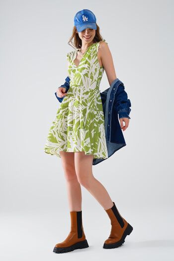 robe courte verte à imprimé palmiers tropicaux 1