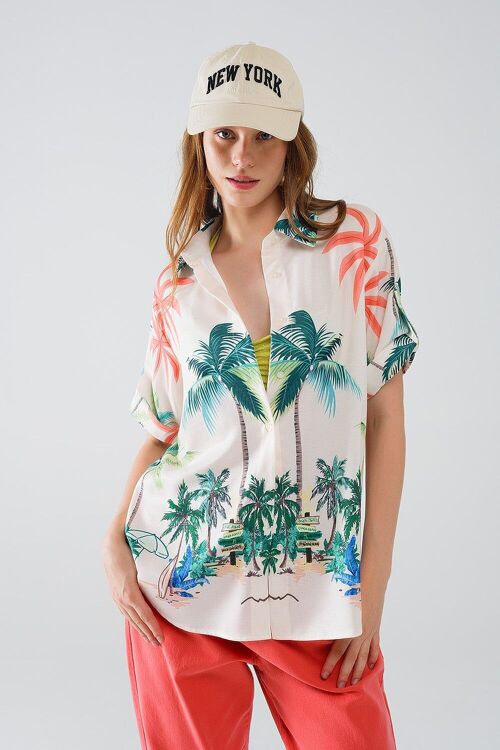 Cream Button Up Shirt with Beach Print and Polo Collar