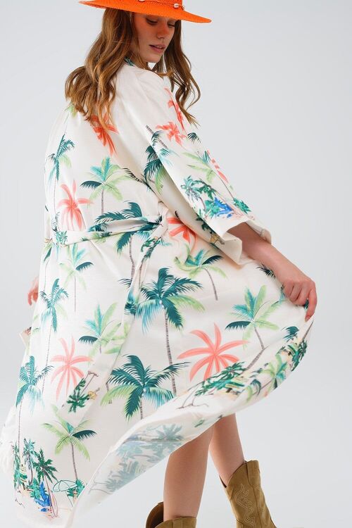 Kimono abierto color crema con estampado playero de largo midi